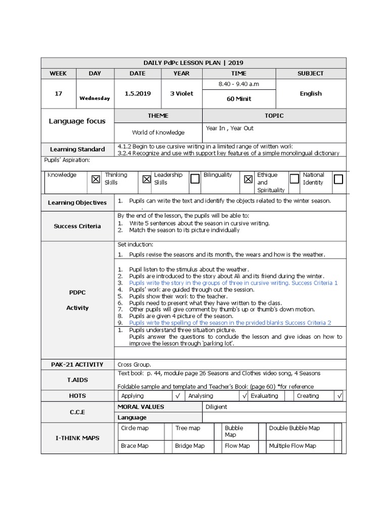 English Cursive Writing Lesson Plan | PDF | Lesson Plan | Semiotics