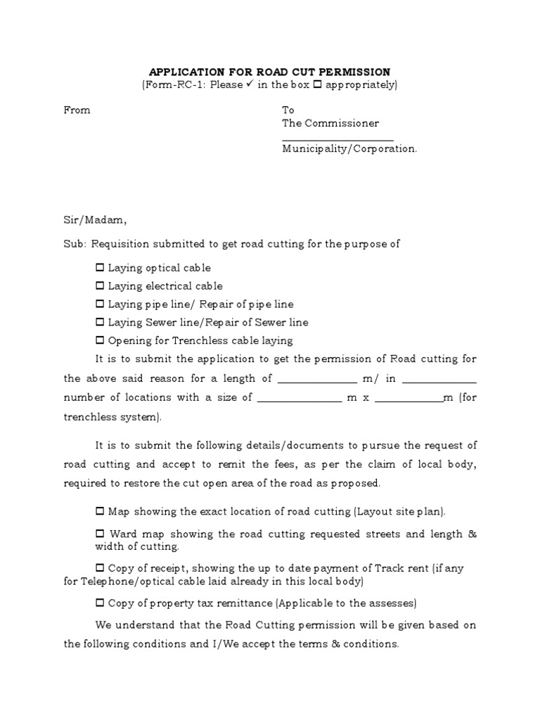 Application For Road Cut Permission PDF Road Business