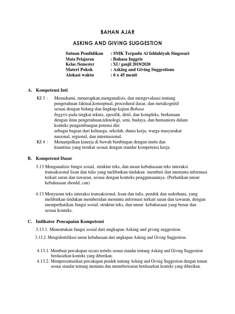 Bahan Ajar Asking And Giving Suggestion