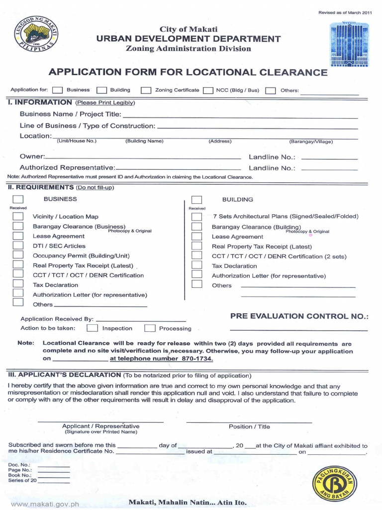 Application For Locational Clearance Makati City - Form | PDF