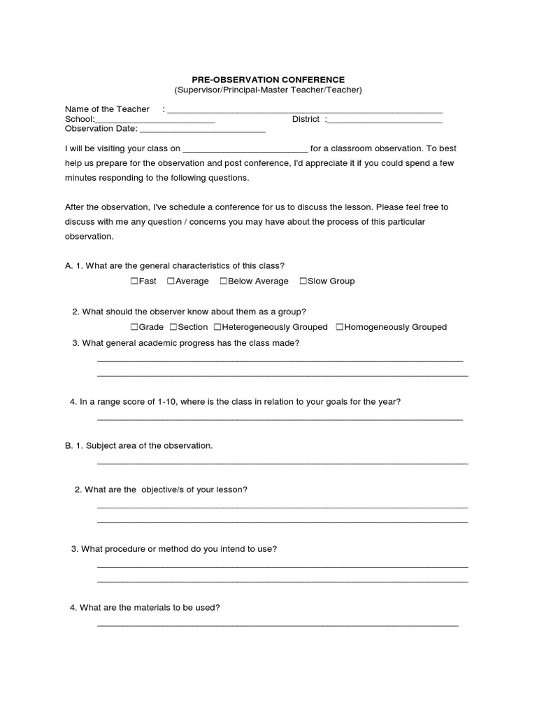 PRE and POST Class Observation Conference | PDF | Classroom Management ...