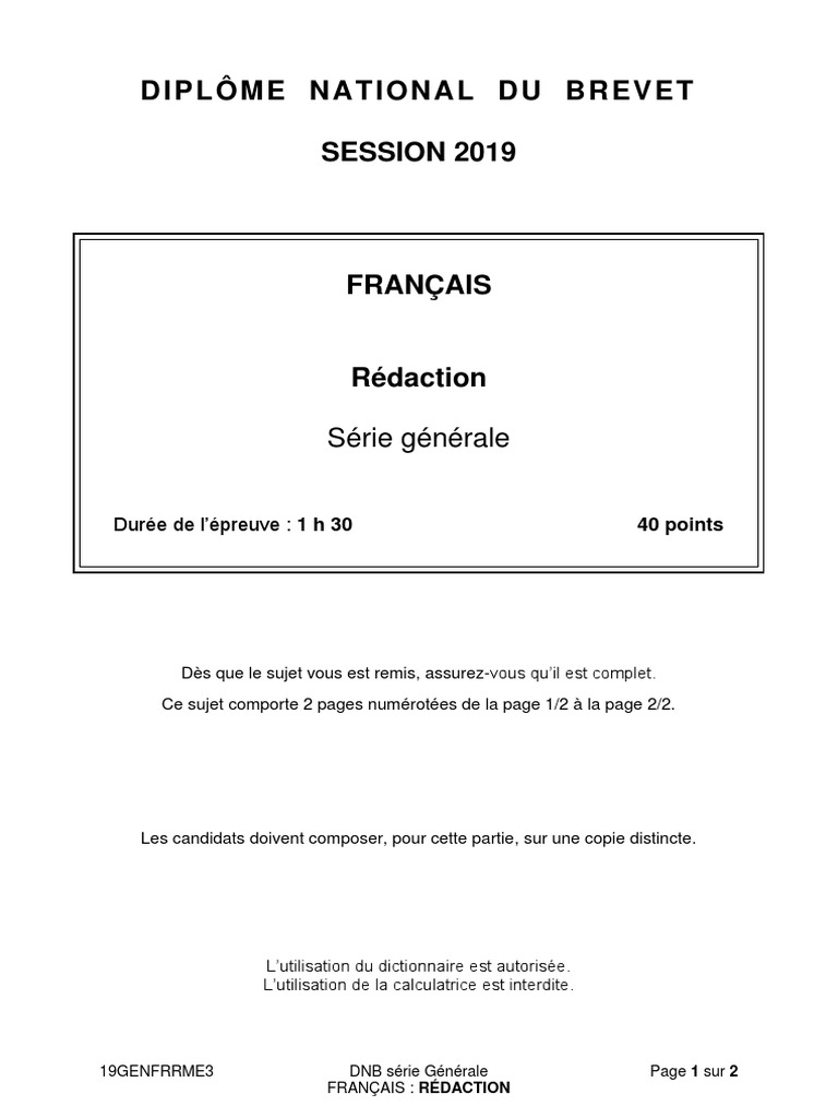 Sujet Redaction Francais Brevet 2023 Francais Redaction | PDF
