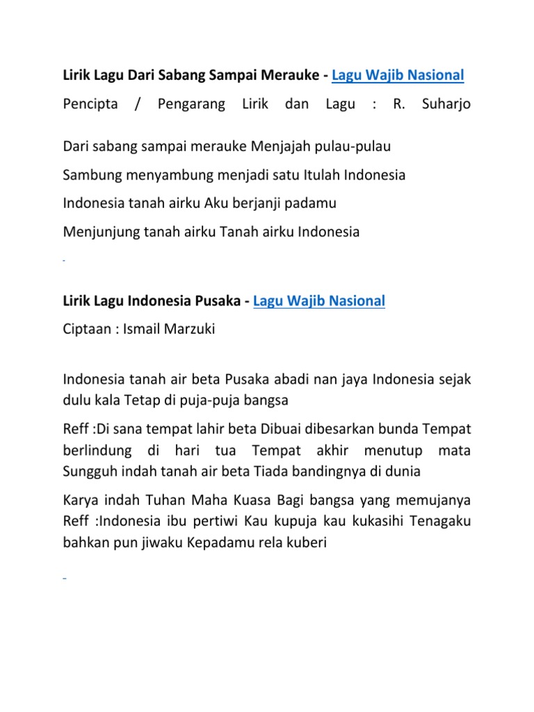 Lirik Lagu Dari Sabang Sampai Merauke