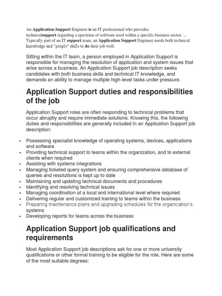 Application Support Duties and Responsibilities of The Job | PDF ...