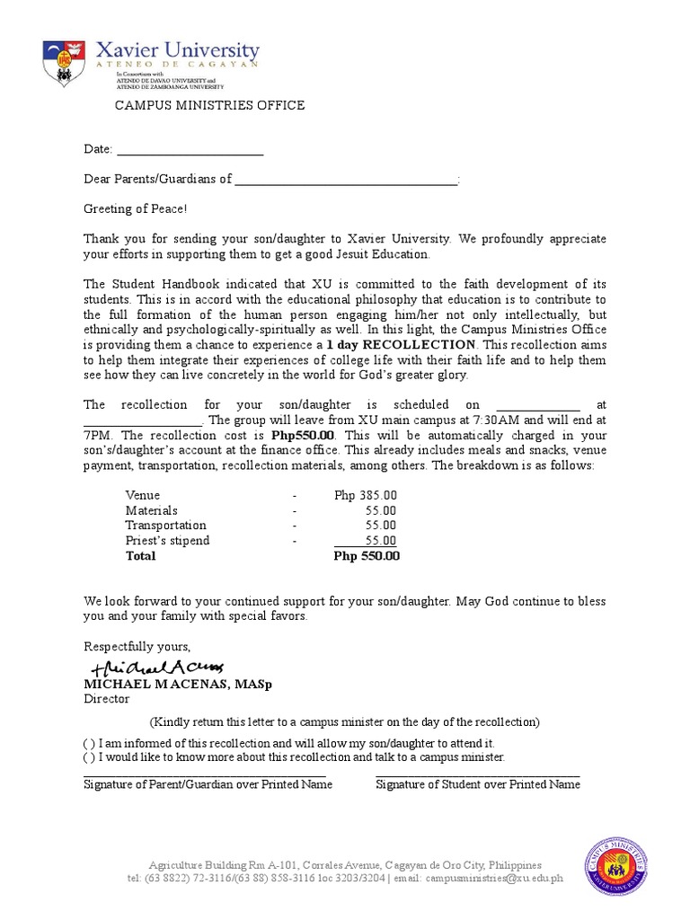 Recollection Letter for Parents' Consent | PDF