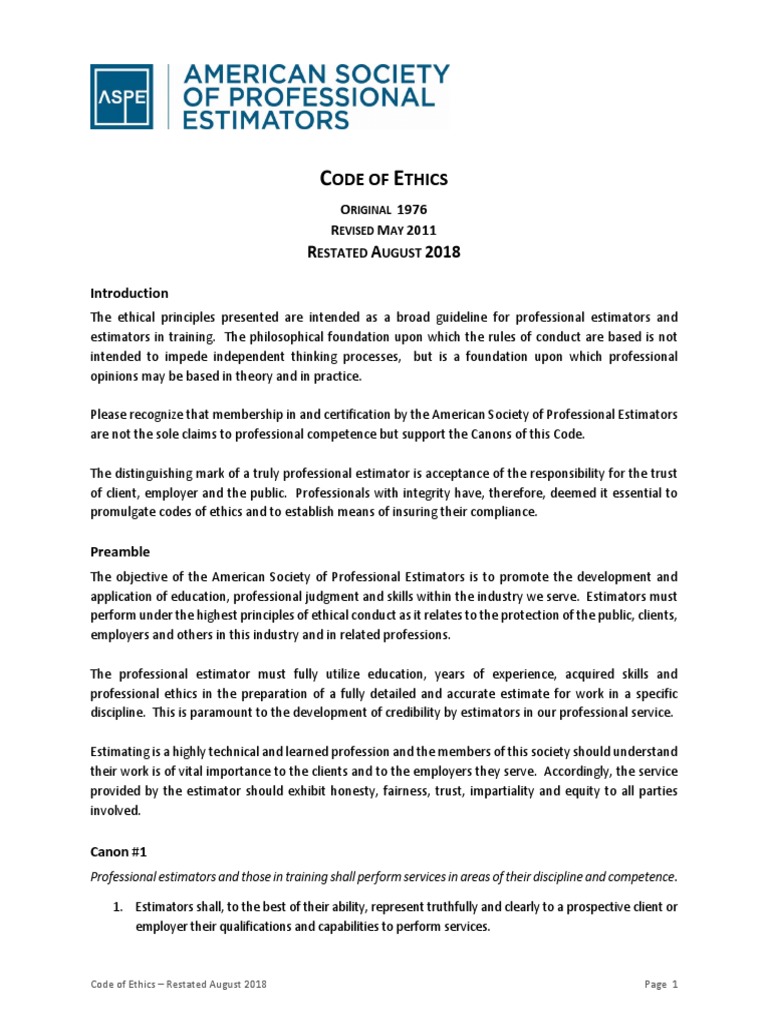 Code of Ethics for Professional Estimators | PDF | Profession | Integrity