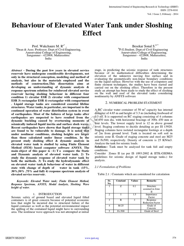 Sloshing Effects in Elevated Water Tanks | PDF | Moment Magnitude Scale ...