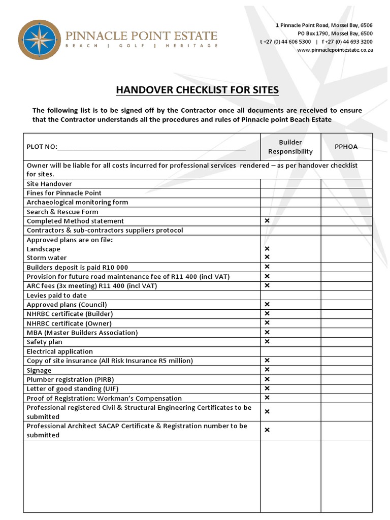 Pinnacle Point Site Handover Checklist | PDF | Building | Architect