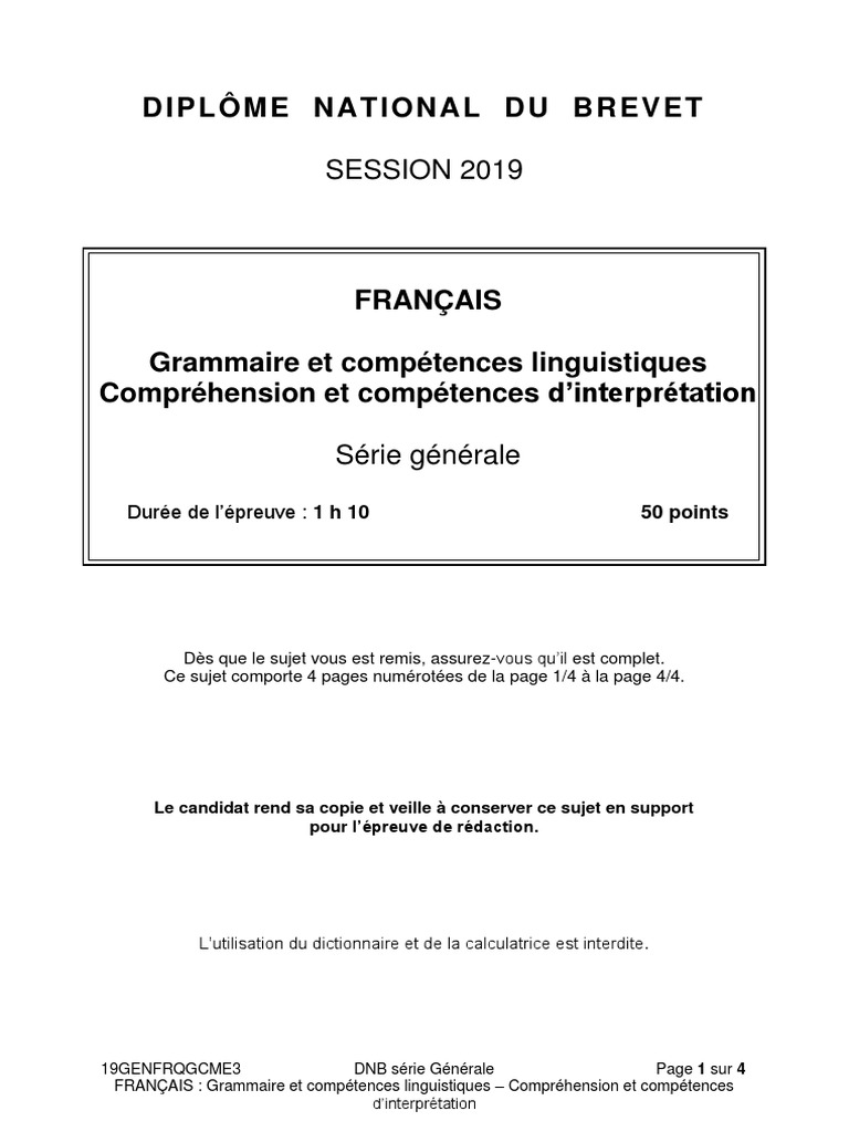 Sujet Brevet Français 2020 Pdf Corrigé Français GCL CCI | PDF | Sujet (Grammaire) | Linguistique