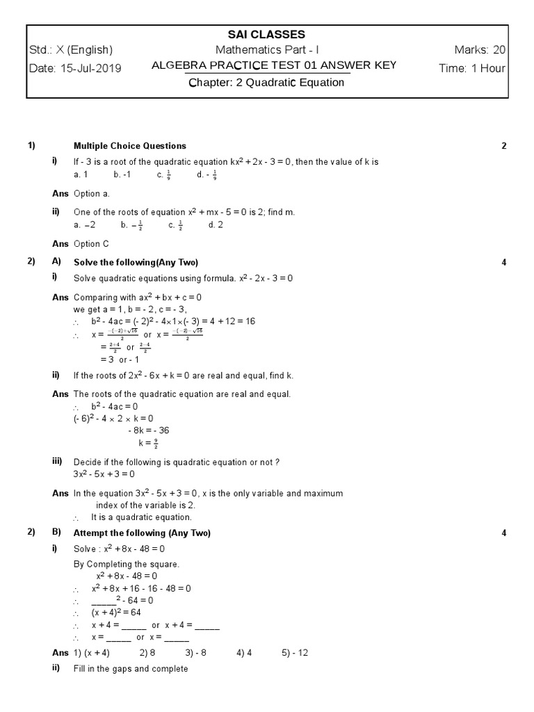 Quadratic Equations Practice Test | PDF | Quadratic Equation | Algebra
