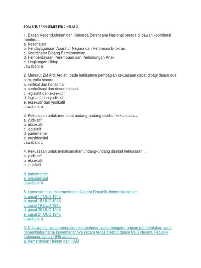 Soal Uts Ppkn Semester 1 Kelas X Docx