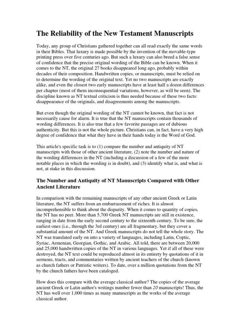The Reliability Of The New Testament Manuscripts Pdf Manuscript Bible