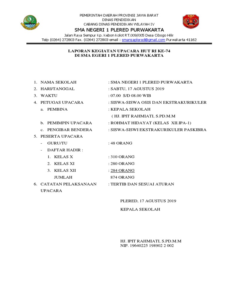 Laporan Kegiatan Upacara Hut Ri Ke 74 Di Sma Egeri 1 Plered Purwakarta