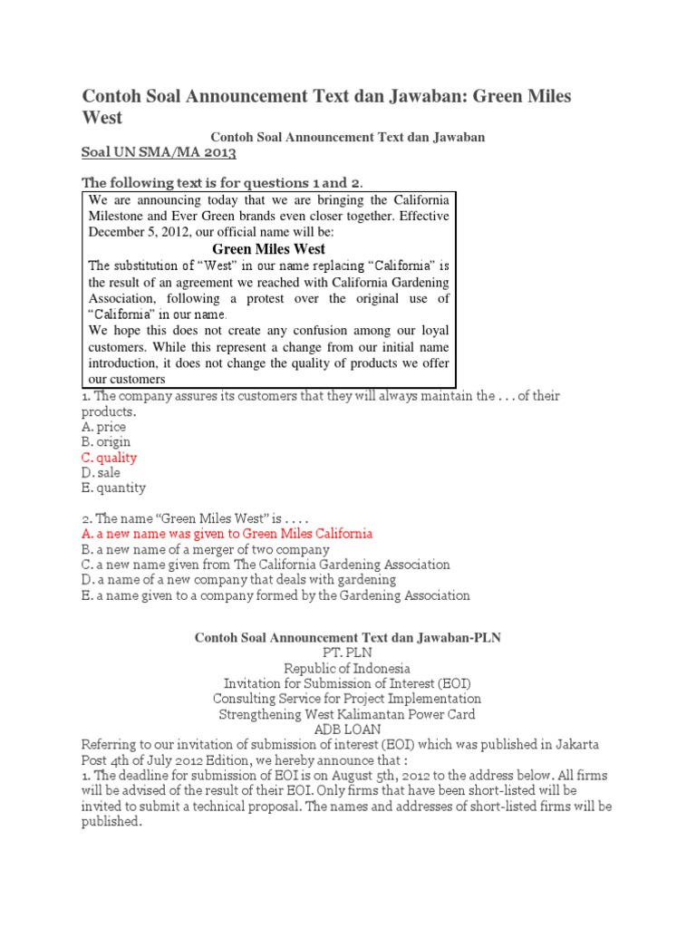 Contoh Soal Announcement Text Dan Jawaban Avian