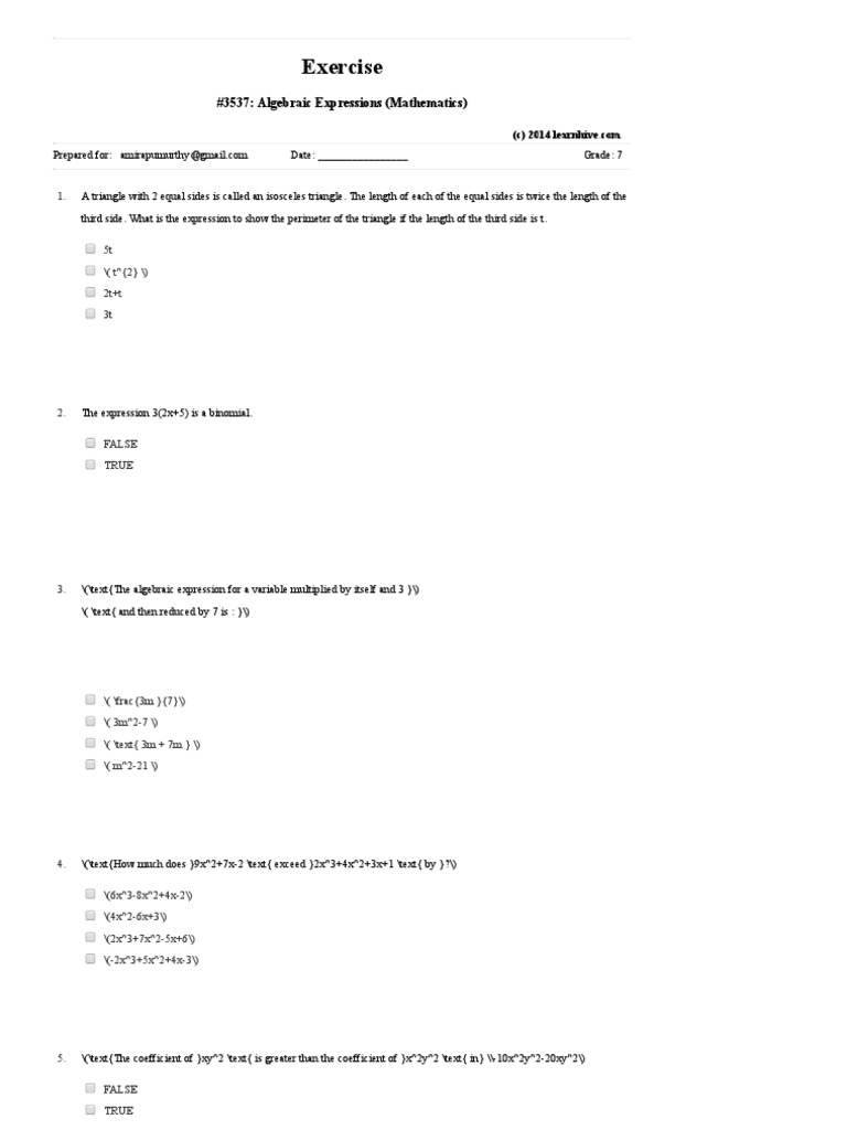 Exercise - Algebraic Expressions | PDF | Triangle | Mathematical Objects