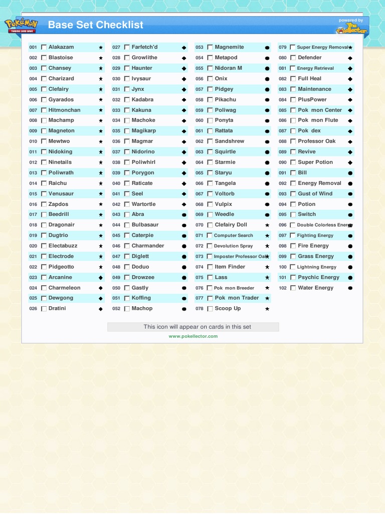 pokemon base set card list with pictures TCG 2 Binder Placeholder and Checklist Master Digital Download Discard 2 other cards from your hand in order to search your deck for any card and put it into your hand Hi, friends. If you'd like