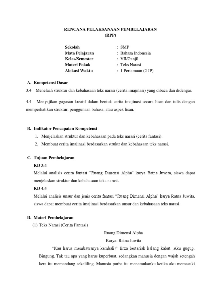 RPP Teks Narasi Kelas 7 SMP | PDF