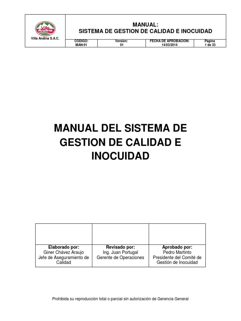 Manual Del Sistema de Gestión de Calidad e Inocuidad | PDF | Análisis ...