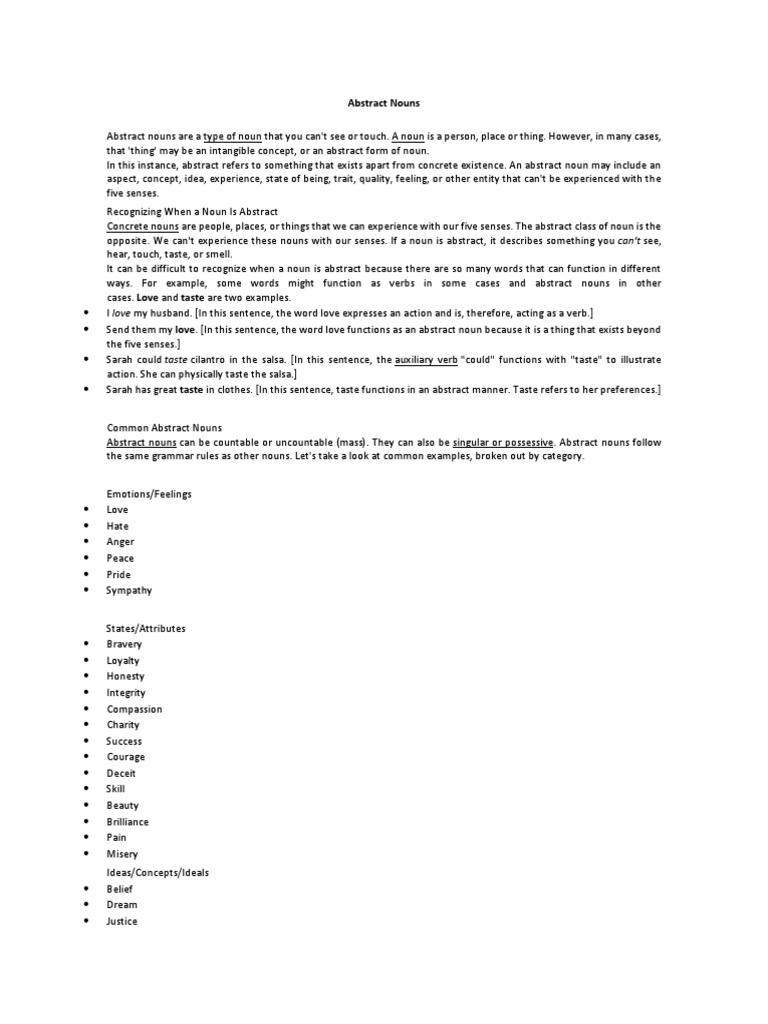 Abstract Nouns Pdf Courage Noun