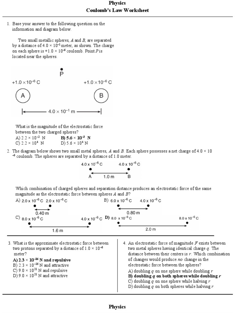 Coulomb S Law Worksheet Electric Charge Electrostatics
