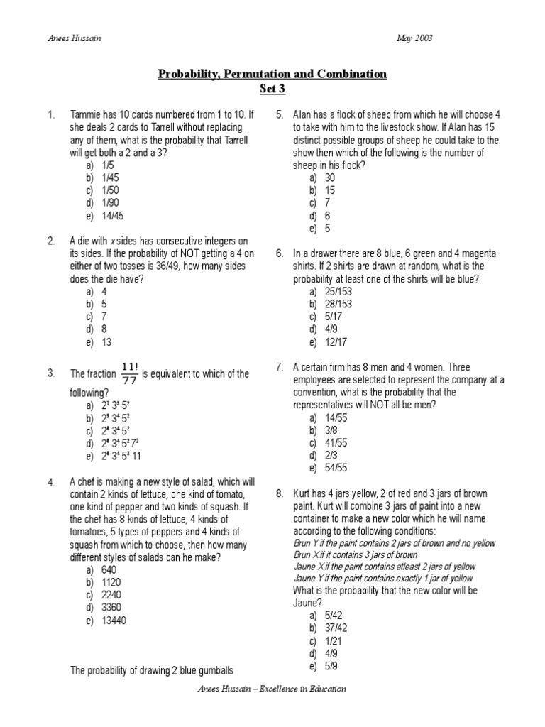 Probability Test 3 (May 03) | PDF | Teaching Mathematics | Leisure