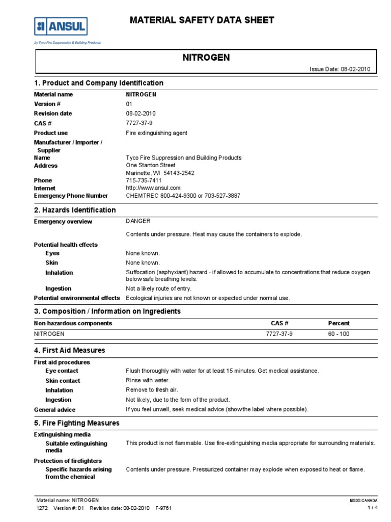 Nitrogen Gas - MSDS | PDF | Firefighting | Dangerous Goods