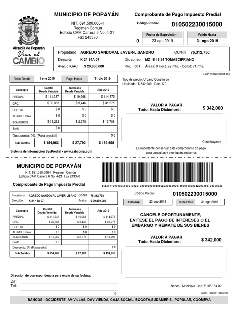 Comprobante de Pago Impuesto Predial | PDF | Pagos | Finanzas del gobierno