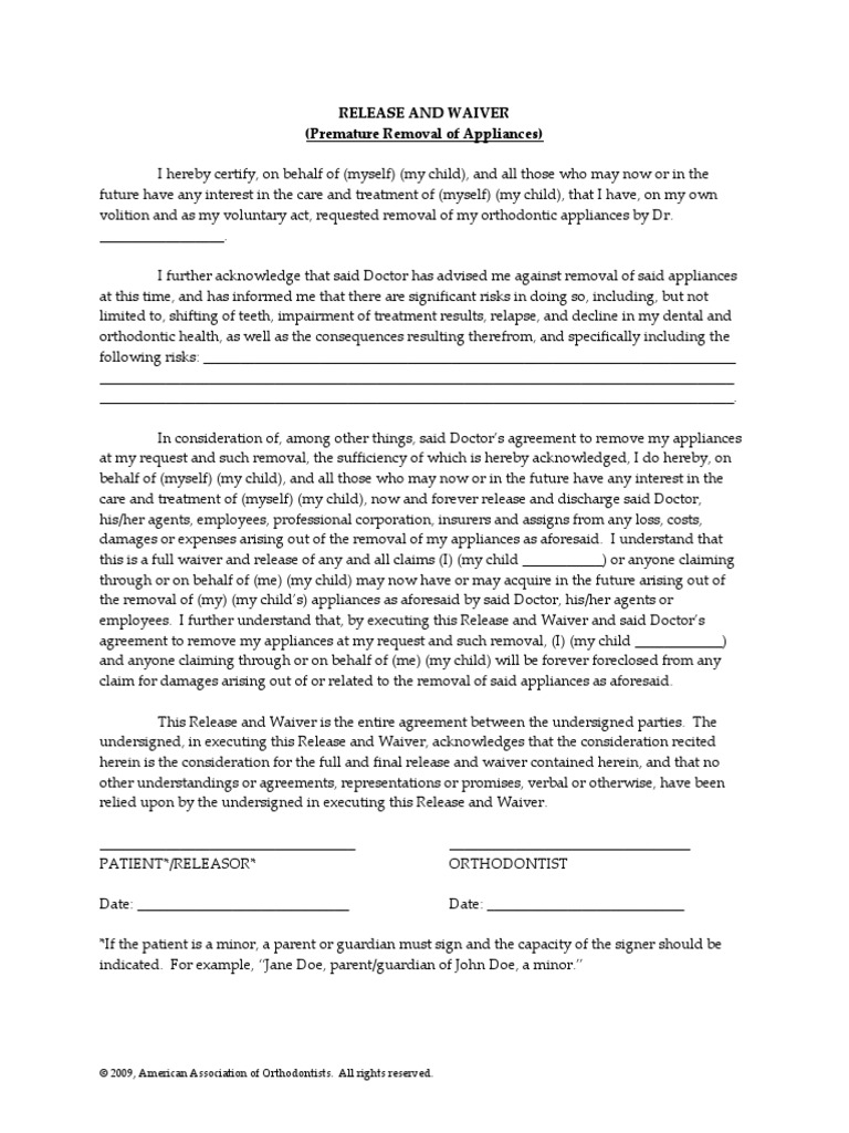 Waiver Removal of Dental Appliances PDF Orthodontics Health Sciences