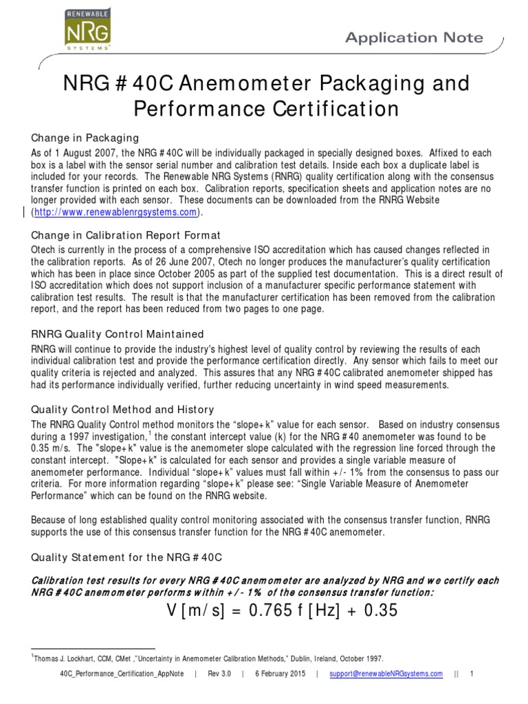 NRG 40C Anemometer Packaging and Performance Certification V (M/S) 0.