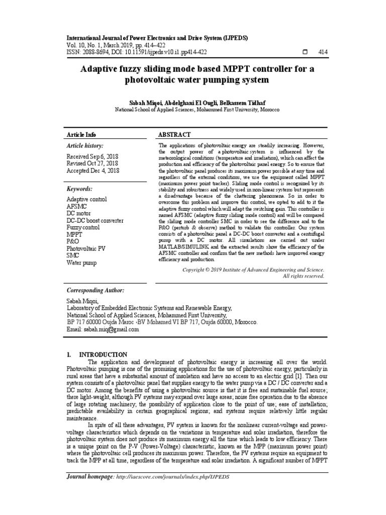 Adaptive Fuzzy Sliding Mode Based MPPT Controller For A Photovoltaic ...