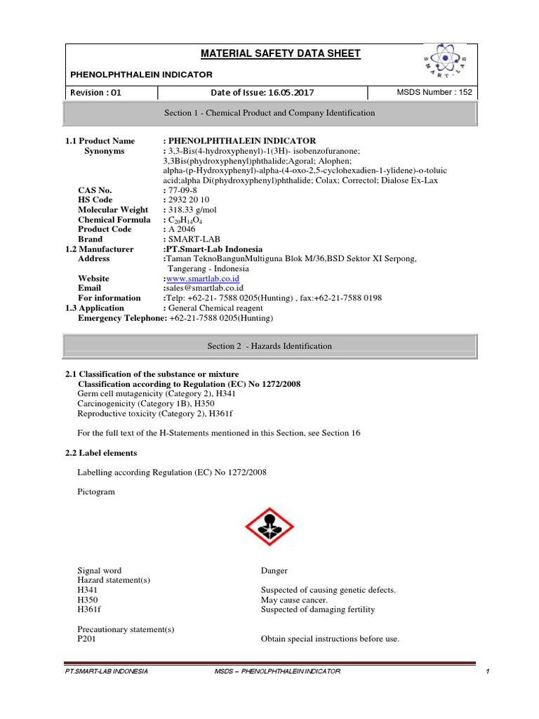 MSDS Phenolphthalein Indicator PDF | PDF | Dangerous Goods | Toxicity