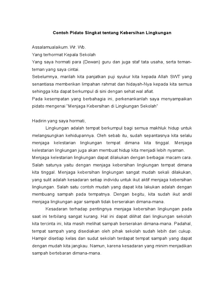 Contoh Pidato Singkat Tentang Kebersihan Lingkungan