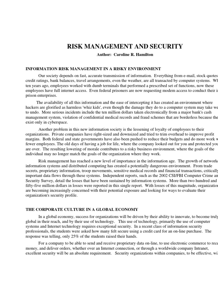 Risk Management and Security | PDF | Vulnerability (Computing ...