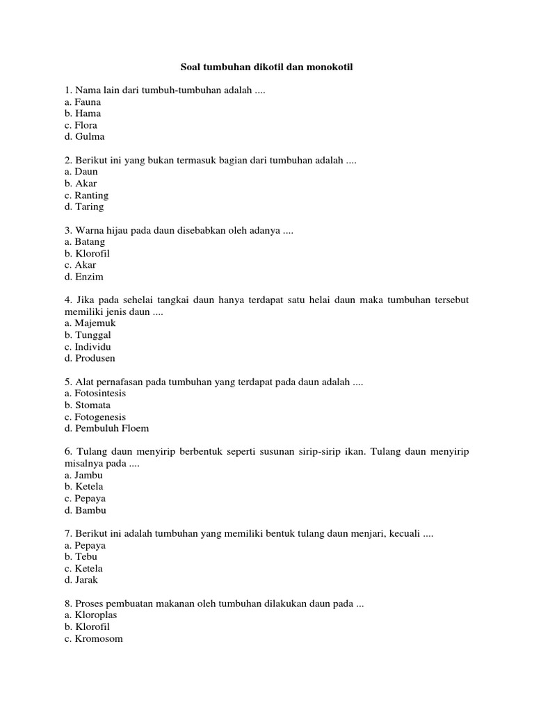 Soal Tumbuhan Dikotil Dan Monokotil Docx