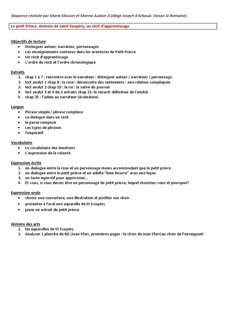 Le Petit Prince Sequence Pdf Le Petit Prince Clause