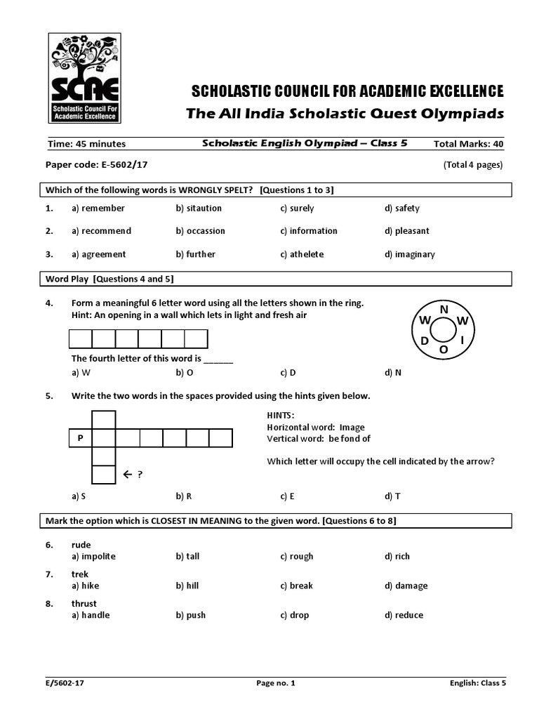 Class 5 English Olympiad Paper | PDF | Linguistics | Syntax