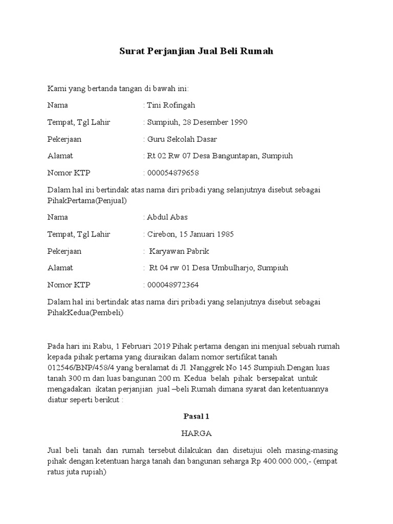Surat Perjanjian Jual Beli Rumah | PDF