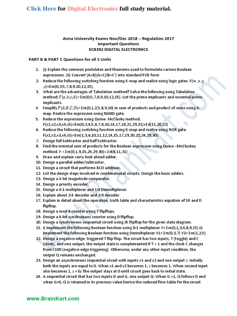 210 EC8392, EC6302 Digital Electronics Important Questions PDF Electronic Circuits Logic