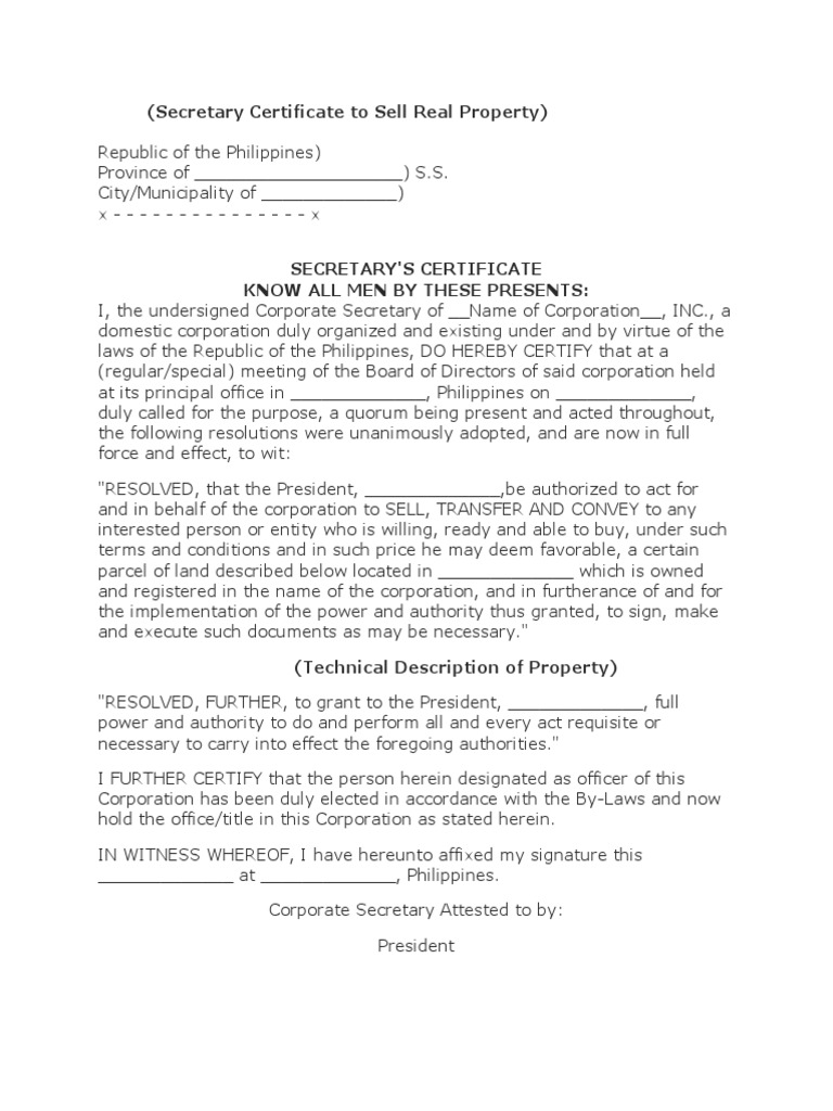 Secretary Certificate To Sell Real Property PDF