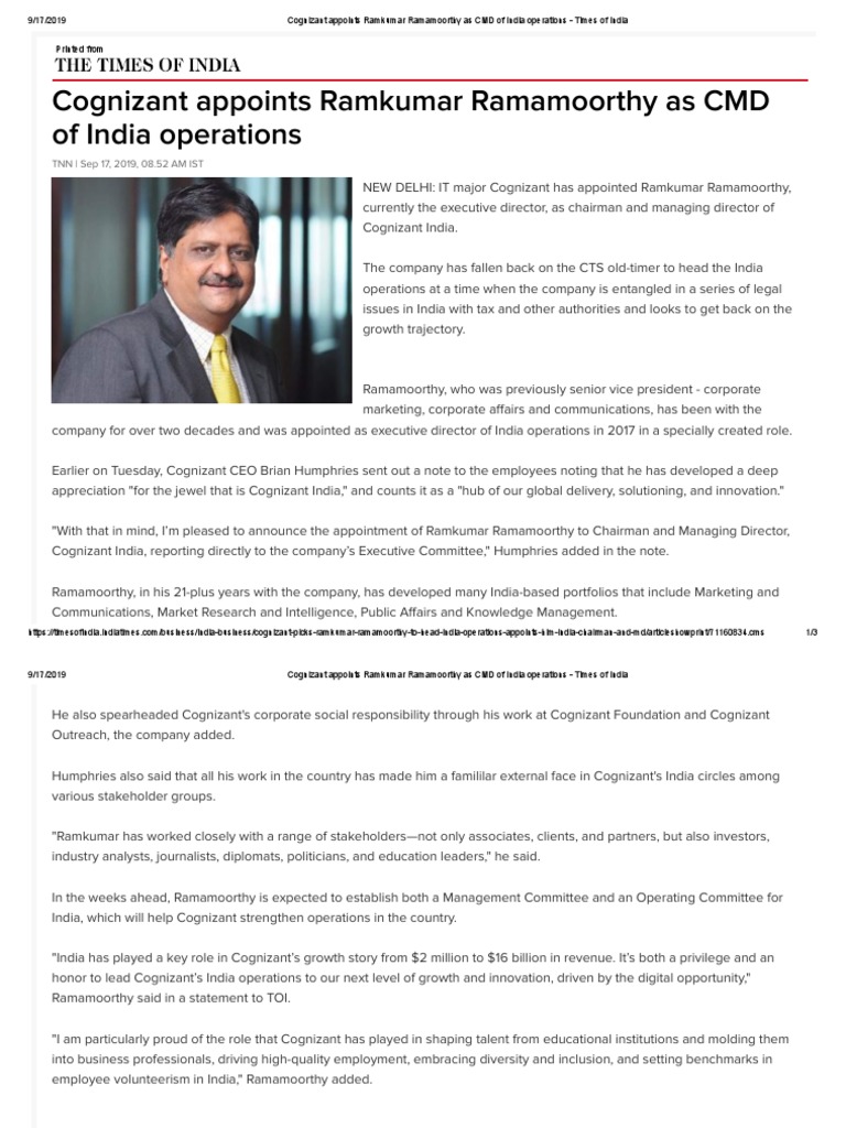 Cognizant Appoints Ramkumar Ramamoorthy As CMD of India Operations ...