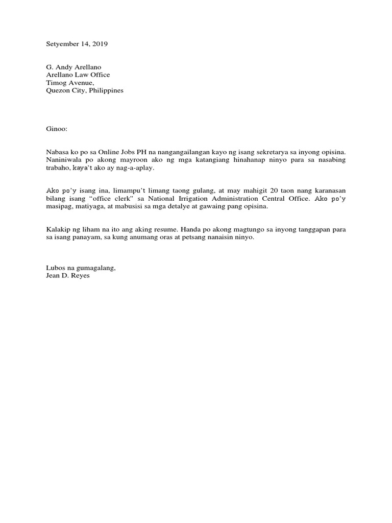 Application Letter Tagalog Pdf