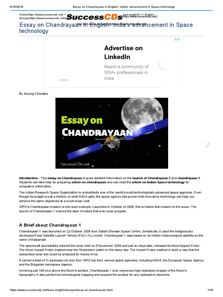 chandrayaan 1 essay in english 150 words for class 5