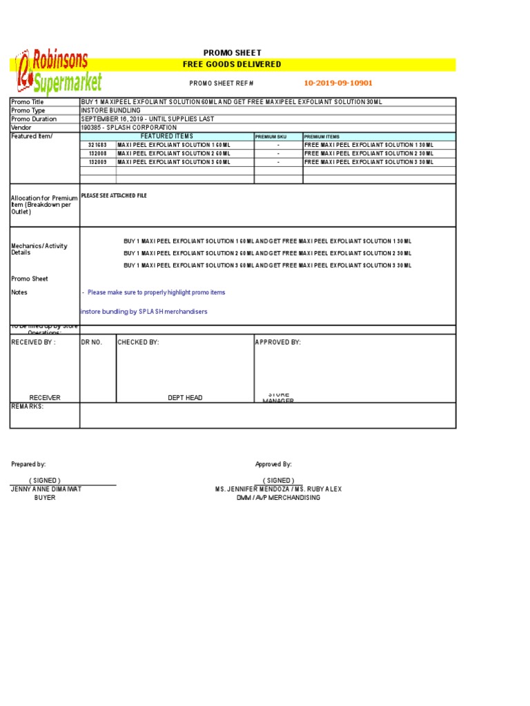 Promo Sheet Free Goods Delivered: Instore Bundling September 16, 2019