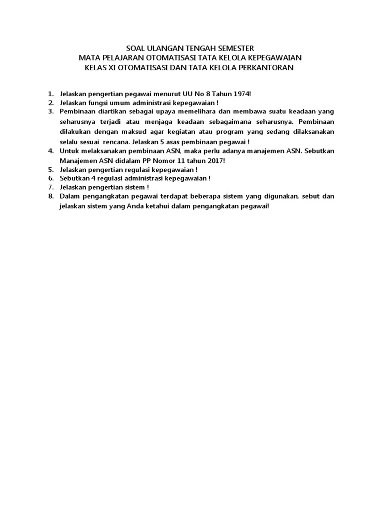 Soal Ulangan Tengah Semester Kepegawaian