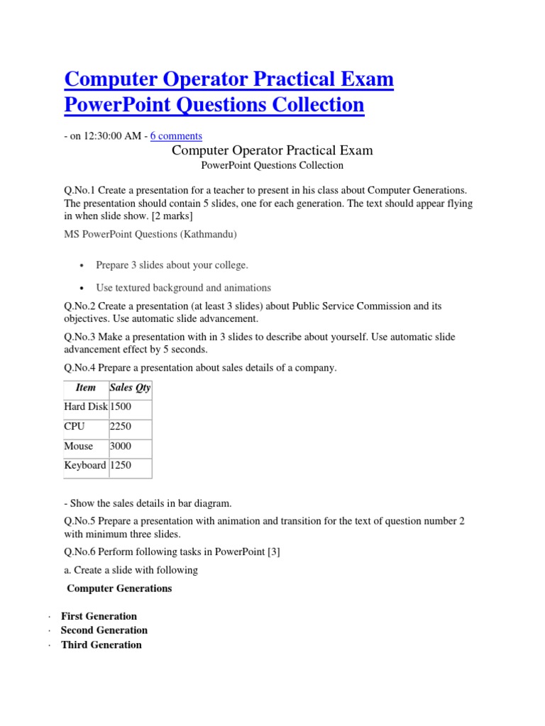 Computer Operator Practical Exam Powerpoint Questions Collection Microsoft Power Point Office Equipment