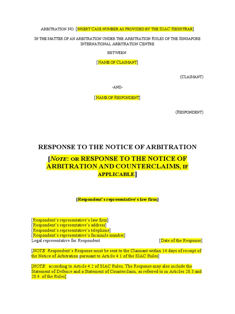 Model SIAC Response To Notice of Arbitration PDF Arbitral Tribunal
