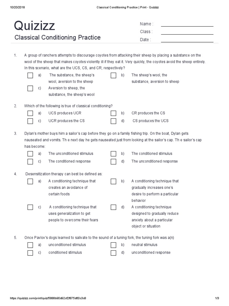 Classical Conditioning Practice Quiz | PDF | Classical Conditioning ...