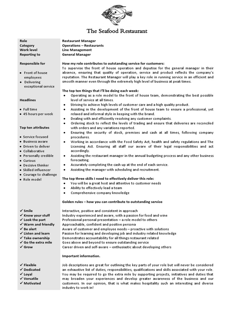 Restaurant Manager Job Description Pdf Restaurants Business
