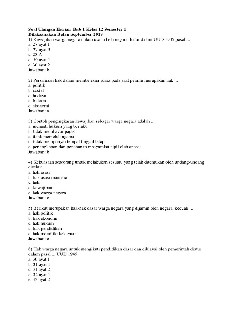 Soal Soal Pelanggaran Hak Dan Kewajiban Kelas 12 Docx