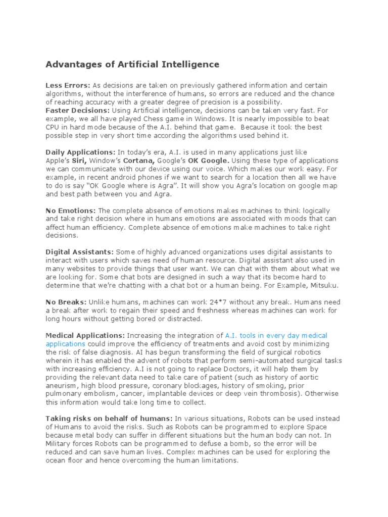 Advantages of Artificial Intelligence | PDF | Artificial Intelligence ...